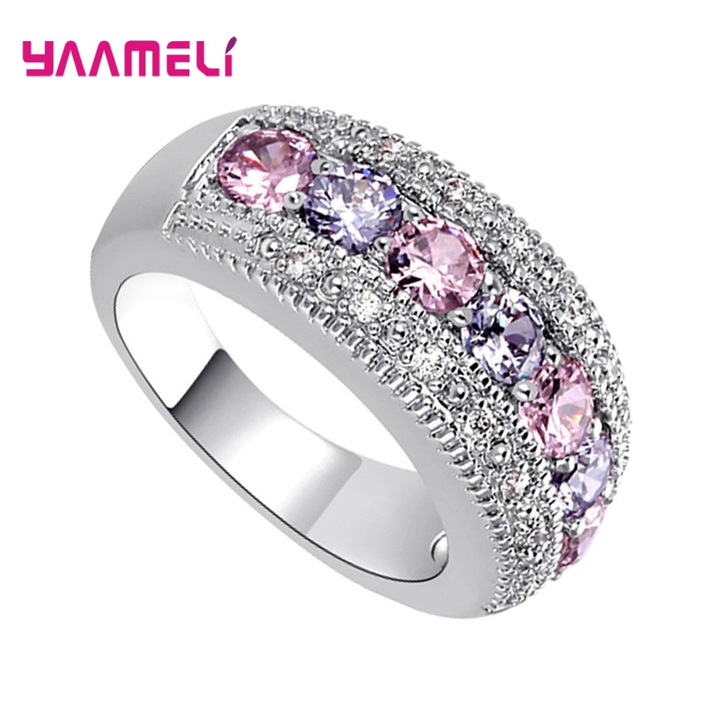 Women Girls Luxurious 925 Sterling Silver Ring Colorful Full of Round Crystal Inlay for Nightclub Party Trendy Jewelry