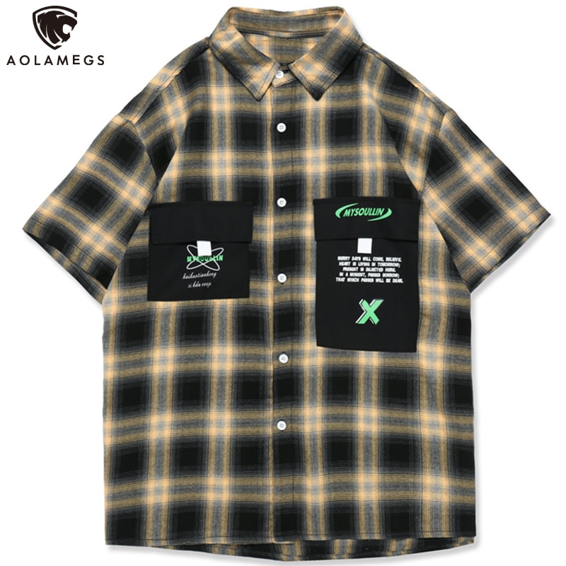 Aolamegs Shirt Men Plaid Letter Print Pockets Cargo Shirts Short Sleeve Casual Loose High Street Harajuku Cool Streetwear Summer