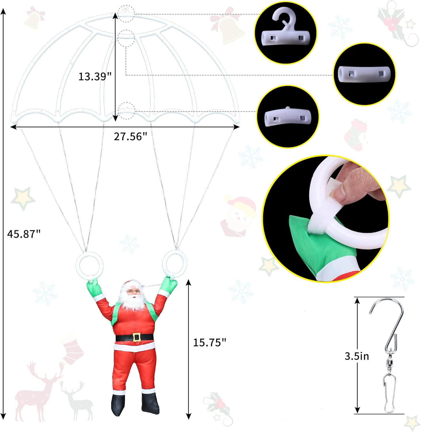 Luces decorativas navideñas para exteriores, luz LED de paracaídas navideña con USB de 2,8 pies y Papá Noel para decoración de jardín, balcón y alero de techo