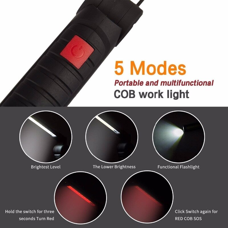 USB Rechargeable COB LED Flashlight Work Light Inspection Light 5 Modes Tail Magnet Hanging Torch Lamp Waterproof