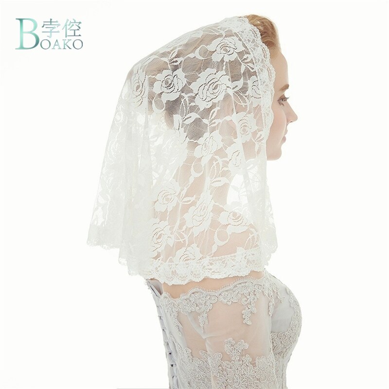 Kort hvid sort muslin bryllup blondeslør katolsk kirke blondeslør mantilla blusher slør  b40