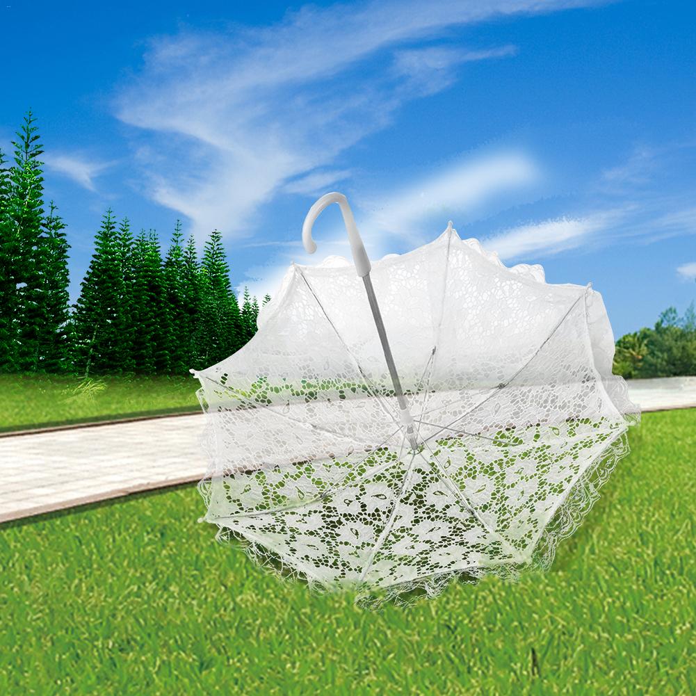 Bryllup blomsterpike hvit dekorativ paraply europeisk og amerikansk stil liten blonderparaply med langt håndtak i rustfritt stål