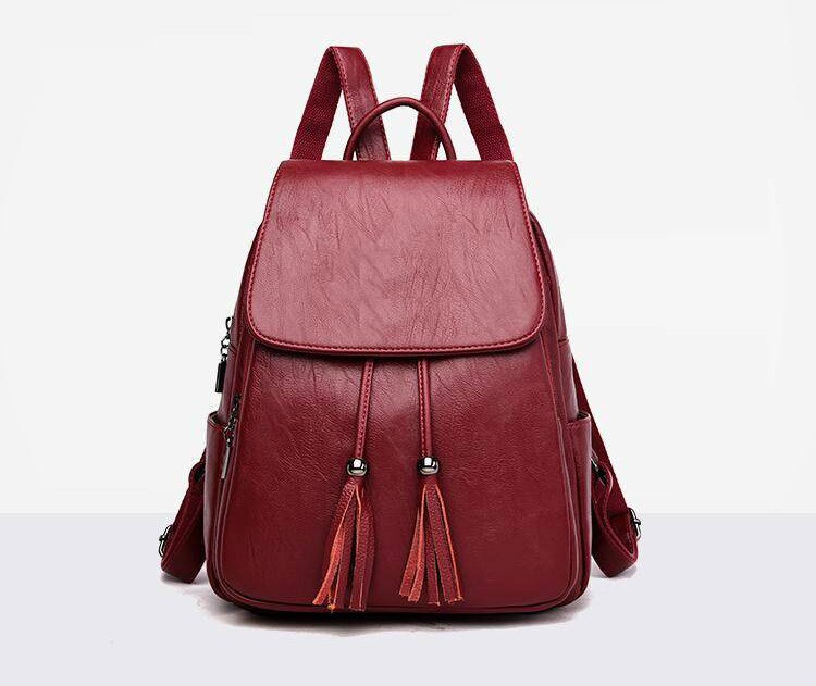 Tassel Pu Leather Backpack Women Drawstring Bag Black Red Soft Solid Backpack Female Youth Bagpack For Teenage Girls: Red wine