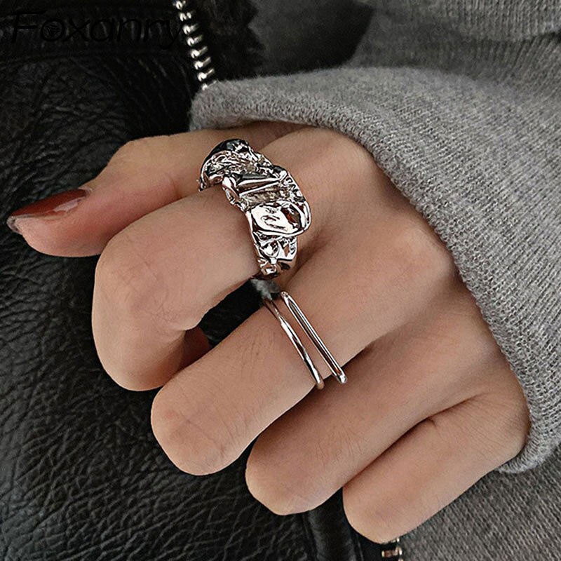 Foxanry 925 Sterling Zilveren Ringen Trend Elegante Vintage Creatieve Dubbele Laag Onregelmatige Partij Sieraden Voor Vrouwen