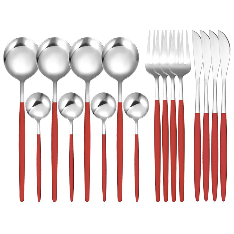 16Pcs/Set White Gold Cutlery Set Knives Forks Tea Spoon Dinnerware Flatware Stainless Steel Silverware Kitchen Tableware Set: 16 Pcs Red Silver