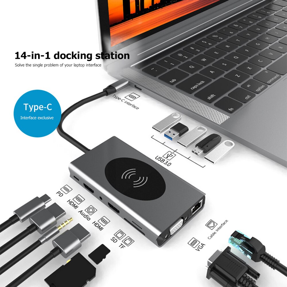 14 in 1 USB Type C Hub to USB HDMI VGA PD TF 3.5mm RJ45 Wireless Charger