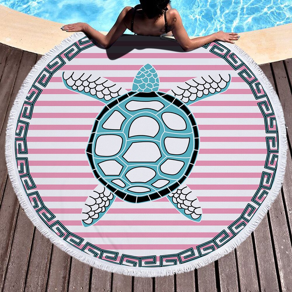 Serviette De Plage ronde en tissu éponge imprimé microfibre avec pompon, motif tortue, tête De mort et Mandala: 02