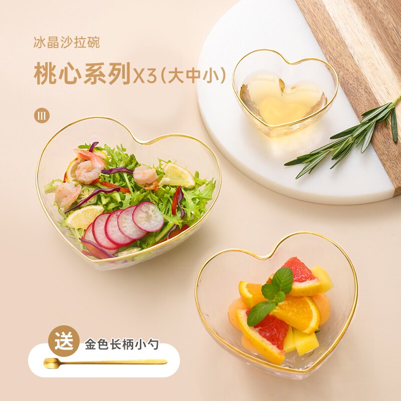 Bord doré coeur pêche ménage saladier bol en verre assiette transparent dessert fruits style japonais salade vaisselle: L M S heart combo