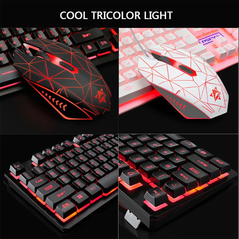 4 stk/sett kablet usb-tastatur belyst gamingmusematte trefarget bakgrunnsbelysningshodesett