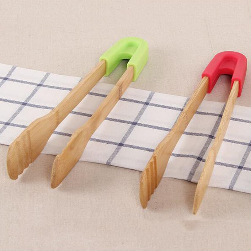 Bamboe Voedsel Tang Salade Taart Snack Clip Grip Broodrooster Tang Siliconen Handvat Brood Tang Gebak Klem Keuken Gereedschap Accessoires