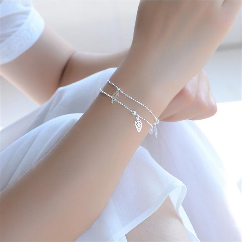 Top Zilver 925 Enkelbanden Voor Vrouwen Accessoires Trendy Blad Dubbele Laag Armbanden Vrouwelijke Sieraden Mode Meisjes Enkelband