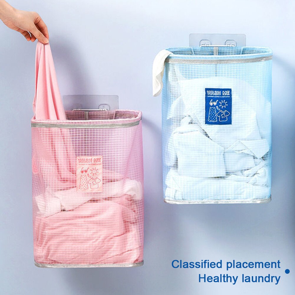 Dirty Clothes Folding Punch Free Wall Hanging Strong Bearing Home Storage Basket Laundry Hamper Organizer Mesh Bathroom Sundries