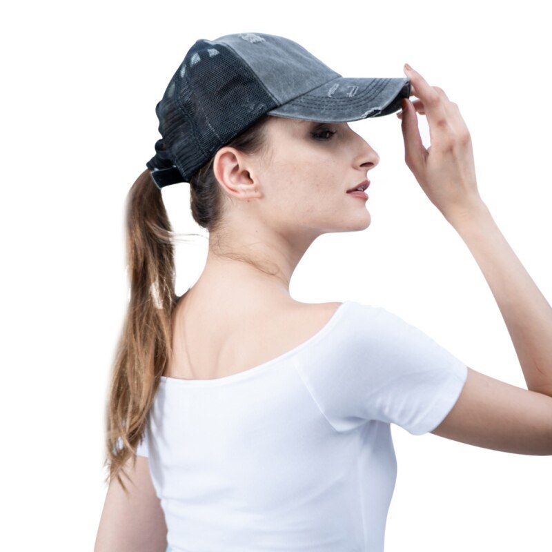 Ponytail Baseball Cap Women Distressed Washed Cotton Trucker Caps Casual Summer Snapback Hat Glitter Brim Satin Mesh Hats