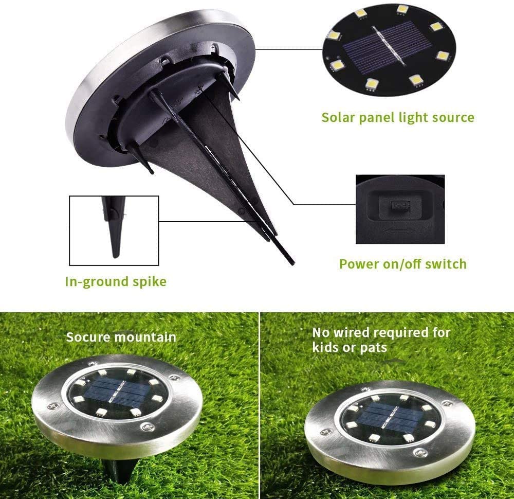 Solar Ground Lights 8 LED Solar Disk Lights Waterproof In-Ground Lights Landscape Lights for Pathway Yard Deck 12 Packs