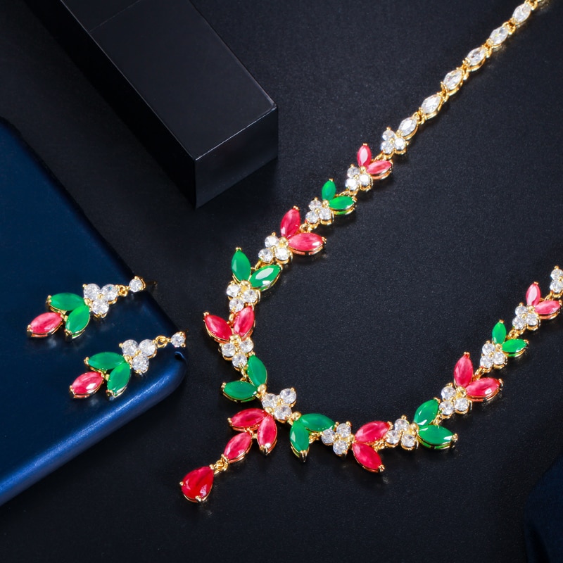 CWWZircons – ensemble de bijoux de mariage en pierre de zircone cubique, collier et boucles d&#39;oreilles, , africain, vert, rouge, T467