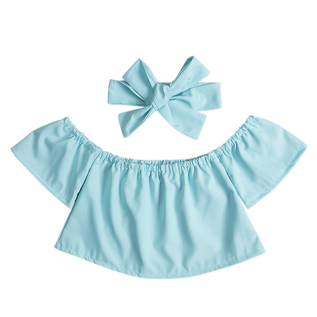 Emmababy baby top met ruches aan de mouwen, strik hoofdband blouse schattige kleding 3 kleuren voor 0-6y: Blauw / 2t