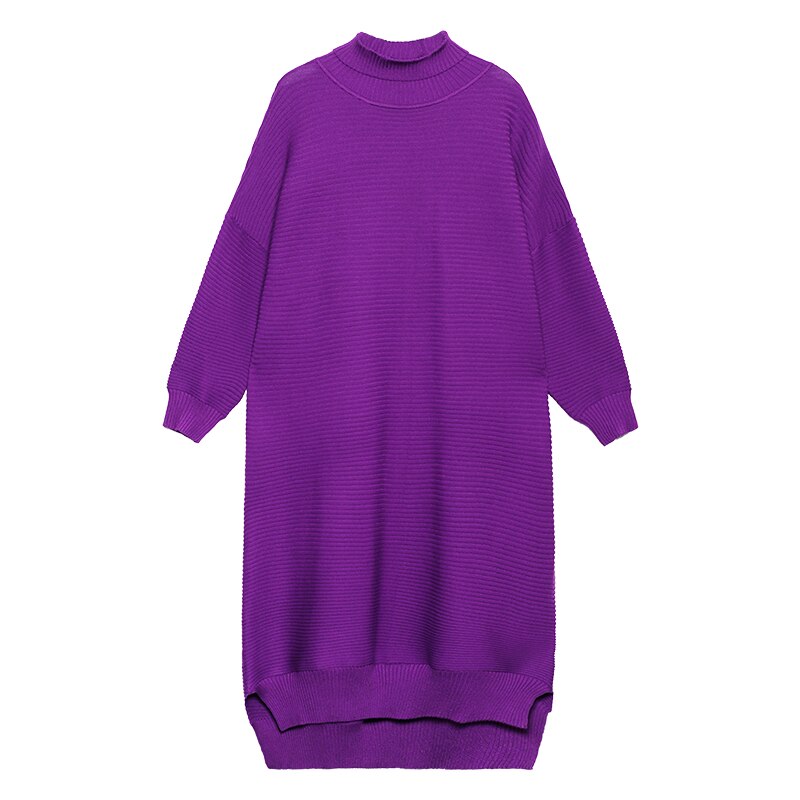 [EAM] Vestido largo de punto Irregular de talla grande para mujer, cuello alto, manga larga, suelto, tendencia de , primavera otoño 1DB512: Purple