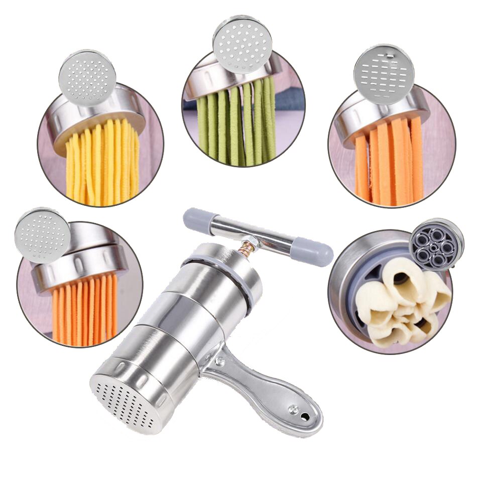 Stainless Steel Manual Noodle Maker With 5 Molds Spaghetti Press Pasta