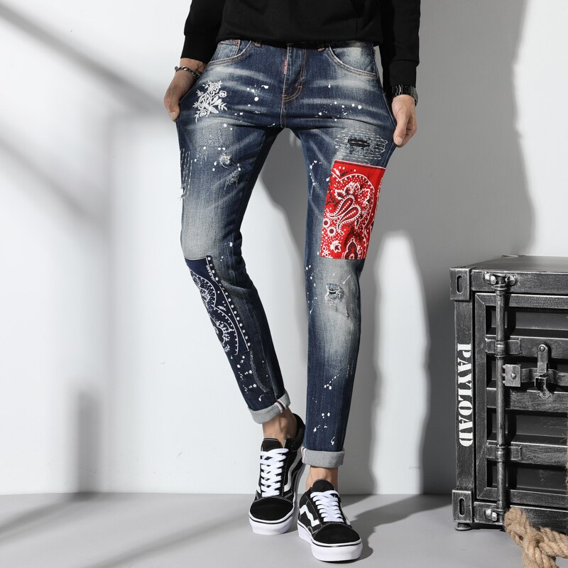 Menn jeans slank passe lappeteppe denim rippet glidelås syklist mager hull broderi lapp stilig