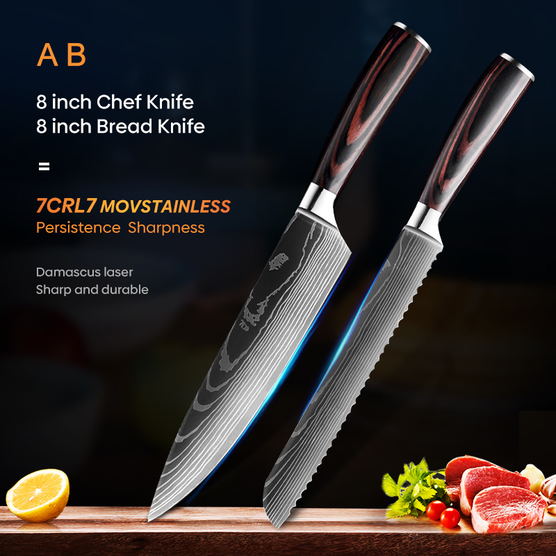 Cuchillo de cocina Chef 8 pulgadas Cuchillos de acero inoxidable Pan Sushi Carne Santoku Japonés 7CR17 440C Cuchillo de cocina de alto carbono