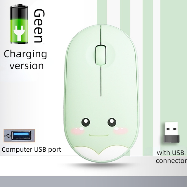 M106 wireless mouse cute cartoon mute 1200DPI Bluetooth wireless mouse USB charging 2.4G mouse suitable for office laptop: Charging green