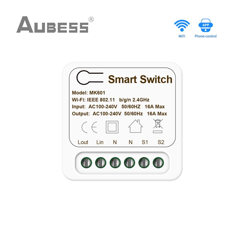 Tuya WiFi MINI Smart Switch 2 Way Control 16A Switch Smart Home Works With Smart Life App Voice Control Alexa Google Home Alice: 1Pcs