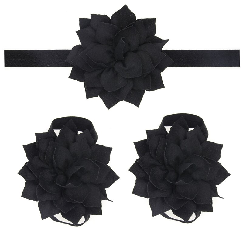 Sandalias de bebé con flores para cubrir zapatos descalzos, lazos de flores, zapatos de primeros pasos para niños, conjunto de diadema, accesorios de fotografía KFA11: KFA11-black