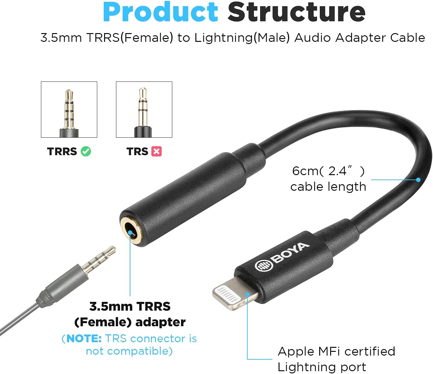 Boya BY-K3 microfone adaptador de áudio cabo 3.5mm trrs fêmea para mfi certificado relâmpago para iphone ipad ipod touch ios dispositivos