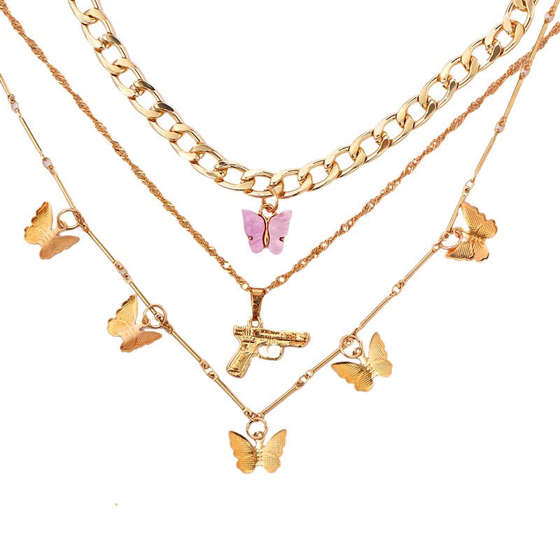 Flatfoosie Multilayer Butterfly Pendant Necklace for Women Gold Color Babygirl Letter Necklace Collar Punk Jewelry: 036901GD