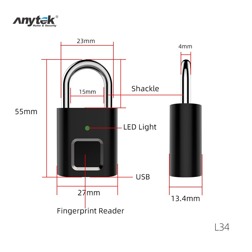 Anytek L34 Smart Fingerprint Lock USB Rechargeable Fingerprint Padlock Security Keyless Mini Door Luggage Finger Print Lock