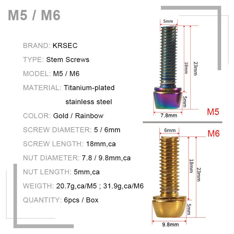 Krsec M6/M5 Stuurpen Bouten Titanium Kleur Mtb Fiets Stuurpen Schroeven Rvs Vaste Bout Stuurpen Schroef fietsen Onderdelen