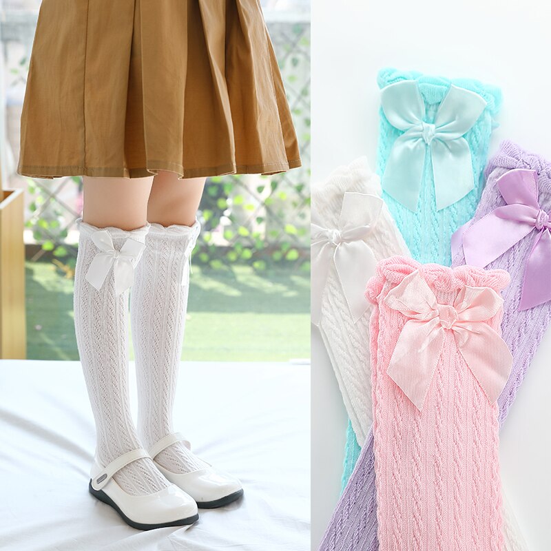 Children&#39;s summer stockings mesh over knee thin breathable cotton baby bow knot Princess socks, loose mouth high tube socks