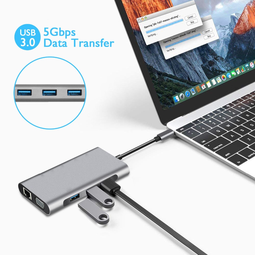 Adaptateur HUB USB type-c 11 en 1, 4K, HDMI, VGA, RJ45 Lan, Ethernet, SD/TF, 3.5MM, AUX, Station d&#39;accueil, séparateur pour ordinateur portable