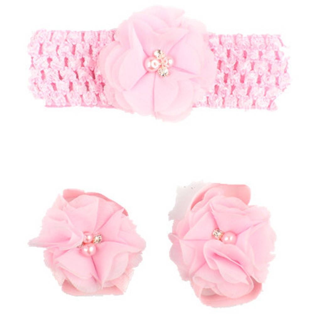 3 Pieces A Set Cute Baby Girls Toddler Flower Hairband Headband Flower Barefoot Sandal / Shoes Set Children Accessories