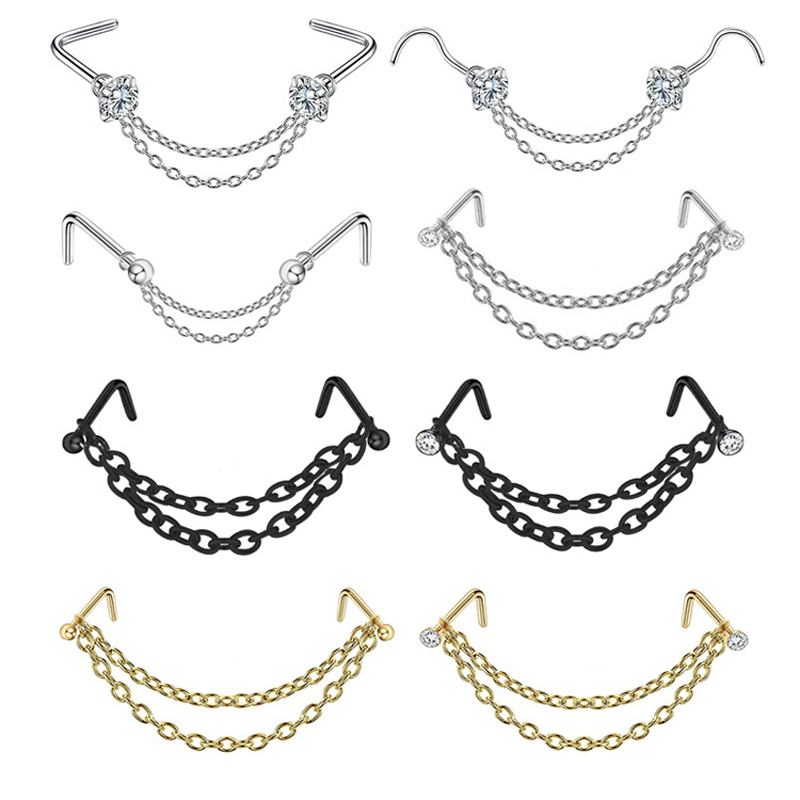Stainless Steel Double Nose Piercing Chain Nose Chain for Woman Nostril Piercing Nose Stud Decoration Piercing Chain