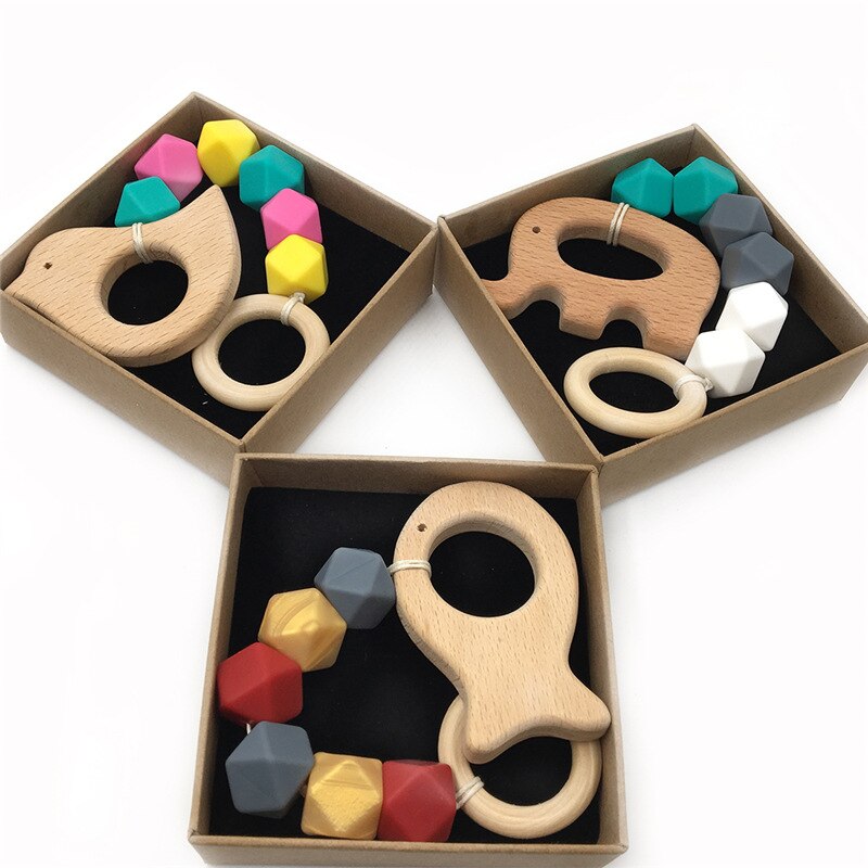 Baby Houten Bijtringen Speelgoed Walvis Pinguïn Konijn Gehaakte Tandjes Kralen Speelgoed Kinderen Tandjes Armband Ketting Met Doos