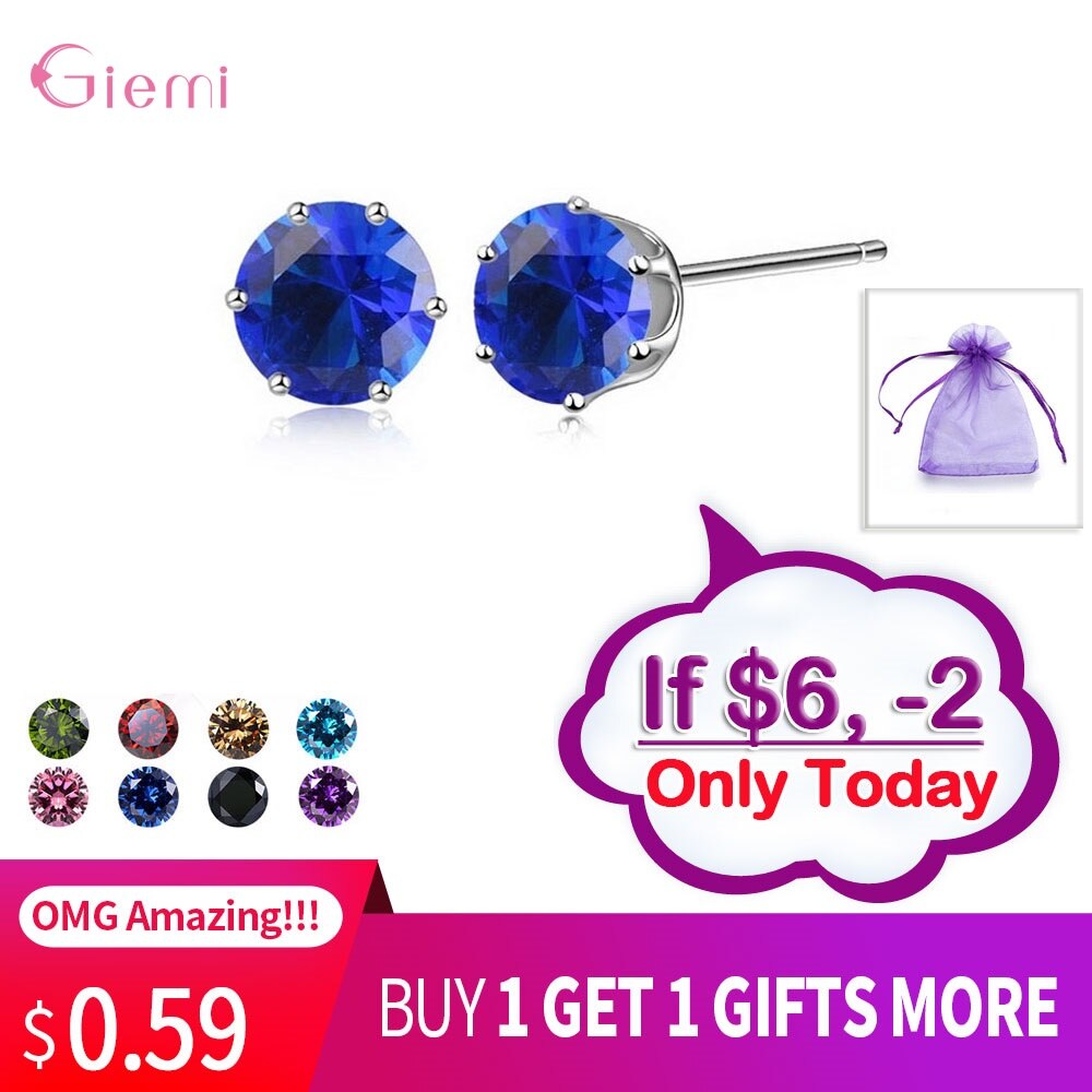 Cubic Zirconia CZ Stone 6MM Jewelry Stud Earrings 925 Sterling Silver Earrings Women 20 Colors: Color13