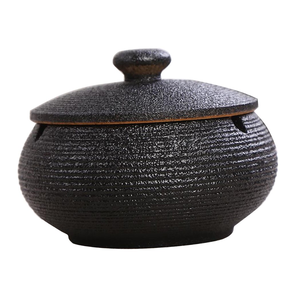 5Colors Garden Ceramic Ashtray with Lid Outdoor Indoor, Height 3.15" Diameter: 4.3": Black