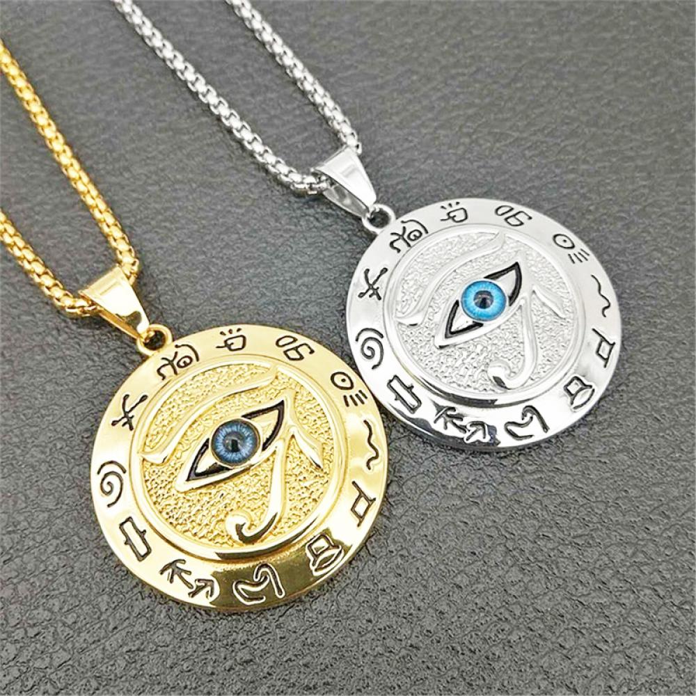 Oog Van Horus Moslim Rune Patroon Ronde Hanger Ketting Heren Ketting Sliding Hanger Metalen Ketting Amulet Accessoire Sieraden