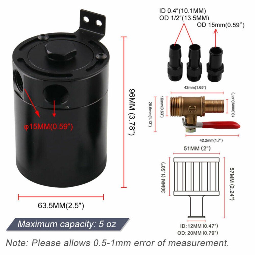 Tank Oil Catch Can 2-Port Drain Valve Breather Universal 1pc 3/8" NPT 150ml