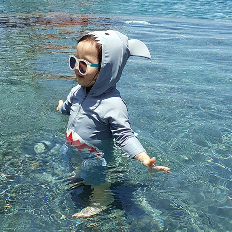 FashionOne Stuk Badpak Mode Jongens Meisjes Kids Lange Mouwen Cartoon Haai Hooded Strand Kinderen Badmode