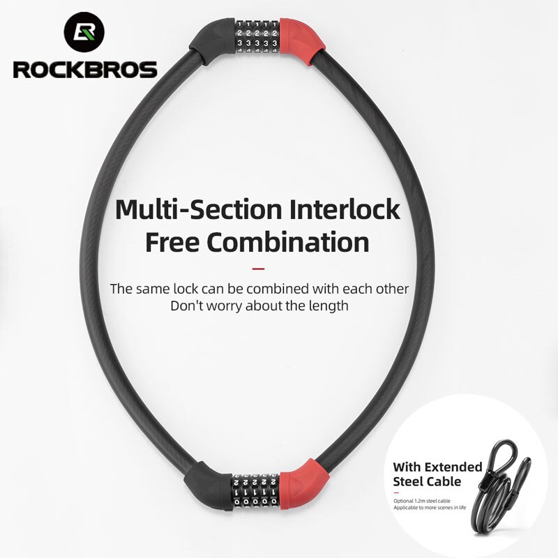 ROCKBROS Bike Lock Steel Five-digit Code Anti-theft 1.72CM Bold Cable Password Lock PVC Wrapped Lock MTB Road Bike Accessories