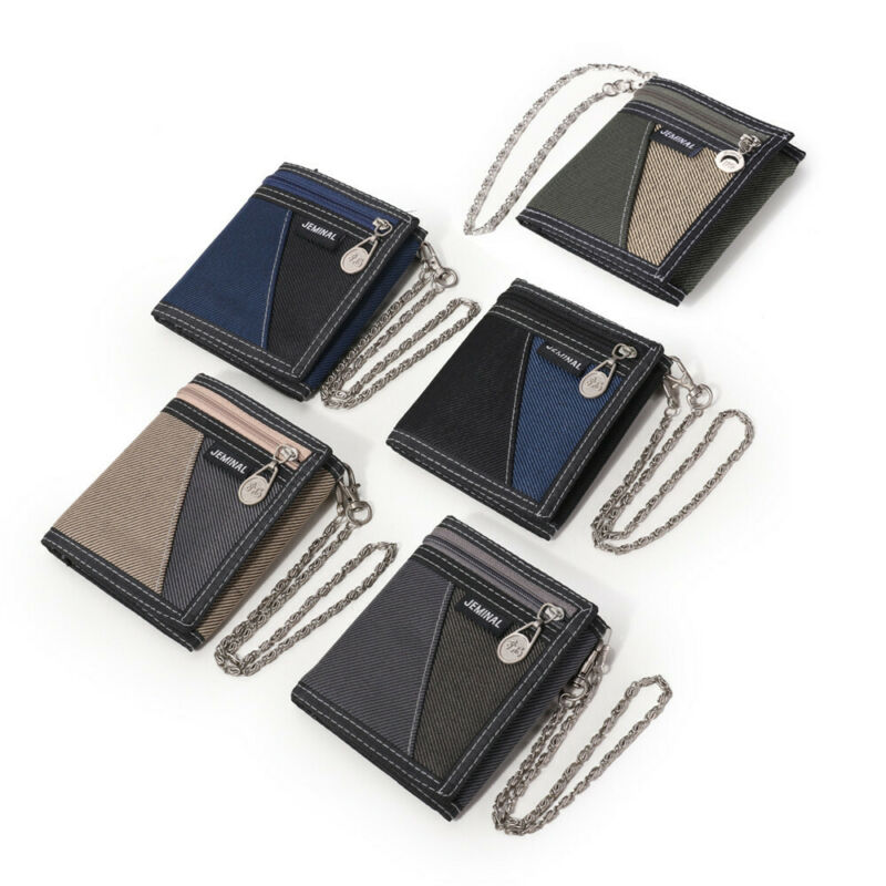 Herren-sport-geldbörse aus weichem canvas, kreditkartenhalter, schwarz-blau, zweifach faltbar, mit kette, zum geburtstag