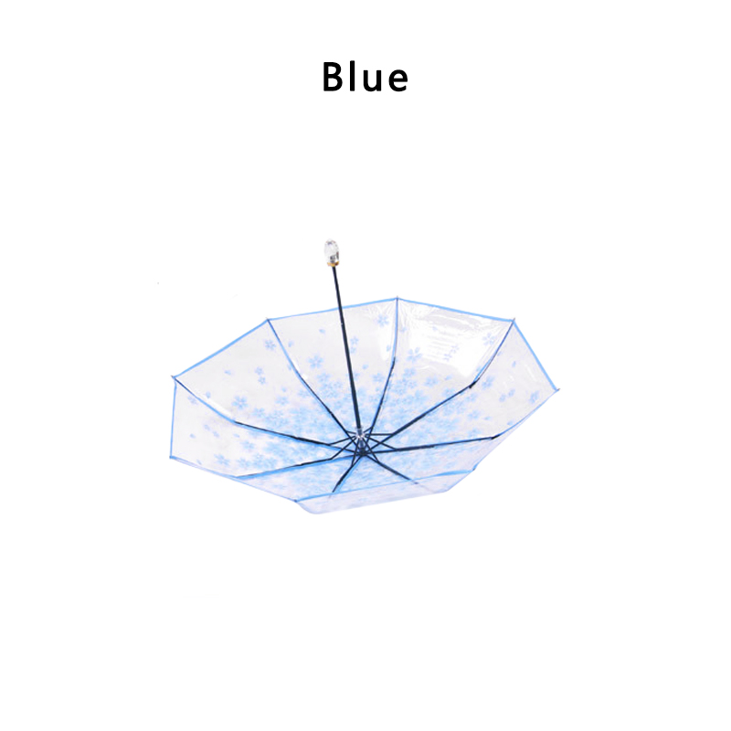 Guarda-chuva transparente estilo transparente, guarda-chuva para mulheres, dobrável, clássico, cereja, flor transparente, compacto, 2019: Azul