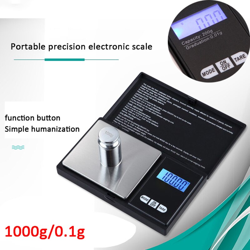 0,01/0,1g de alta precisión Digital de cocina escala de 100g-1000g LCD Mini Balanza de bolsillo de ponderación Gram Escala electrónica de la joyería de oro: 1000g-0.1g Black