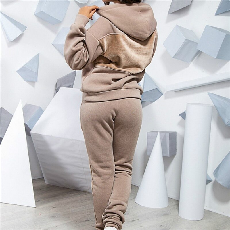 Kvinner vinter damesett treningsdress helermet hettegenser lommer bukser dress todelt sett antrekk sweatsuit: Khaki / L