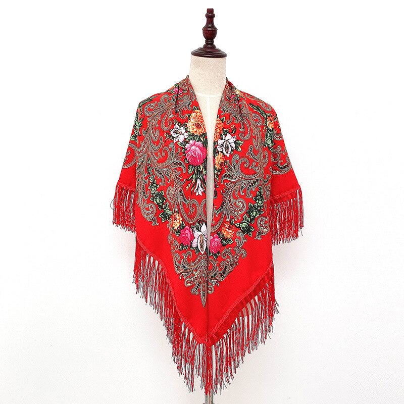Rysk halsduk ukrainska fransade sjalar traditionella blommiga polska kvinnor hals huvud wrap vintage antik huvud hijab scarf poncho: Röd
