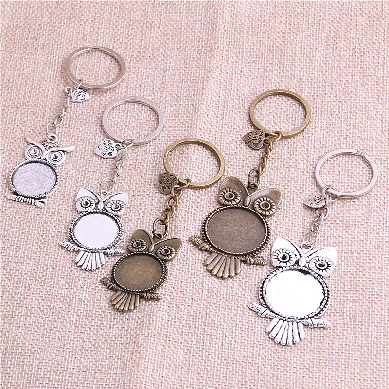 5pcs/lot Metal Key chain round owl Cabochon Setting DIY Vintage Handmade Key Chain Jewelry Making Y1004