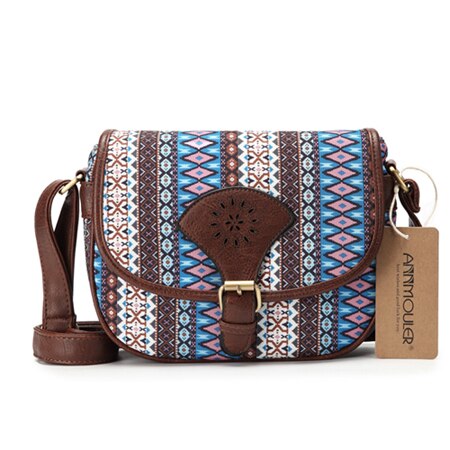 Annmouler brand kvinder skuldertaske vintage udhulet crossbody taske pu læder lille taske boheme stil messenger tasker: Brunblå