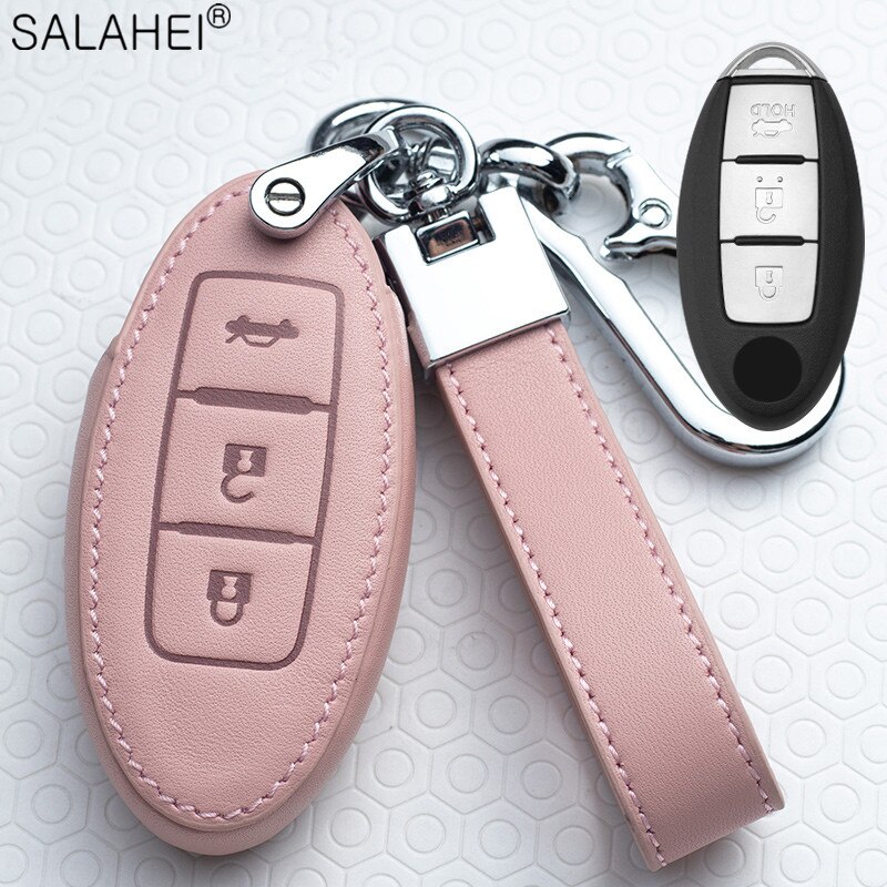 Leather Car Key Cover Case For Nissan Qashqai J10J11 X-Trail t31t32 kicks Tiida Pathfinder Murano Note Juke Infiniti For Car: B-pink